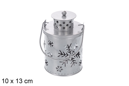 [118267] Portacandele natalizio in metallo argentato con candela LED 10x13 cm
