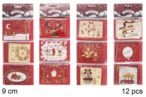 [118371] Pack 12 Christmas greeting cards assorted decoration 9 cm
