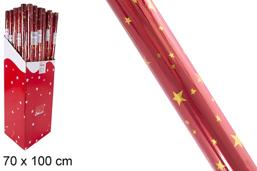 [118378] Papel cielo laminado Navidad rojo con estrellas dorado 70x100 cm