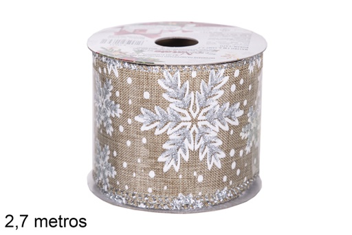 [118381] DECORATED CHRISTMAS RIBBON DEC. SILVER/GLOSSY SNOWFLAKES 6.5 270 CM