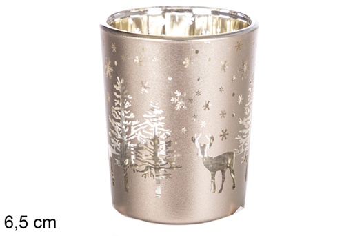 [118427] Bicchiere natalizio in vetro satinato dorato decorato con renna 6,5 ​​cm