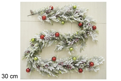 [118562] Snowy Christmas garland with red/green balls and pine cones 30 cm