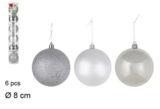 [049437] Pack 6 assorted silver bauble in PVC tube 8 cm