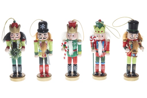 [119530] Pack 5 casse-noix de Noël en bois couleurs assorties 12,5 cm