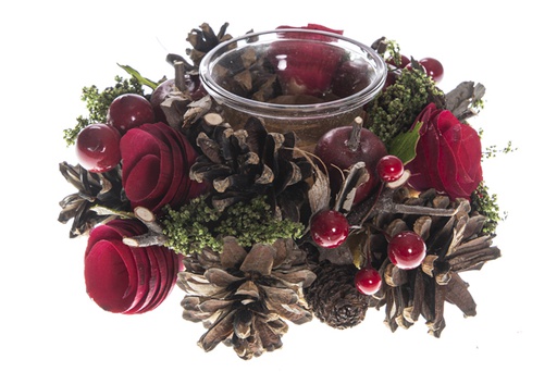 [119560] Portacandele in vetro decorato con ananas e fiori rossi 17 cm