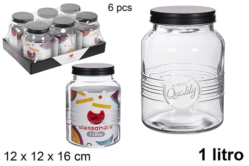 [119894] Barattolo in vetro decorato con coperchio in metallo nero 1 litri