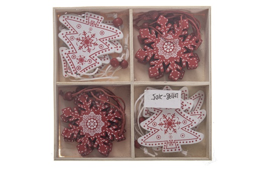 [119917] Pack 12 pendenti assortiti in legno rosso e bianco con albero/fiocco di neve