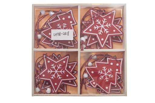 [119919] 12 pcs red and white star/tree wooden pendant assorted