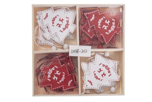 [119921] Pack 12 ciondoli per albero in legno rossi e bianchi assortiti