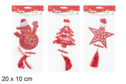 [119955] Pendentif en bois rouge formes assorties avec bonnet en laine 20x10 cm