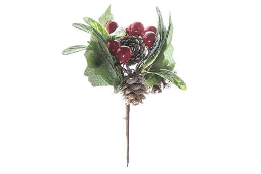 [119966] Christmas branch with berries and snowy pine cones 16 cm