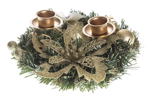 [119976] Bougeoir double couronne décoré doré 20 cm
