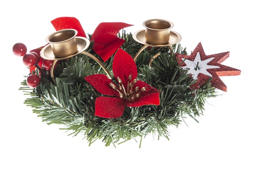 [119978] Red Christmas flower decorated candle holder wreath 20 cm