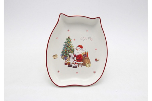 [119998] Christmas cat shaped ceramic tray decorated with Santa Claus 15 cm