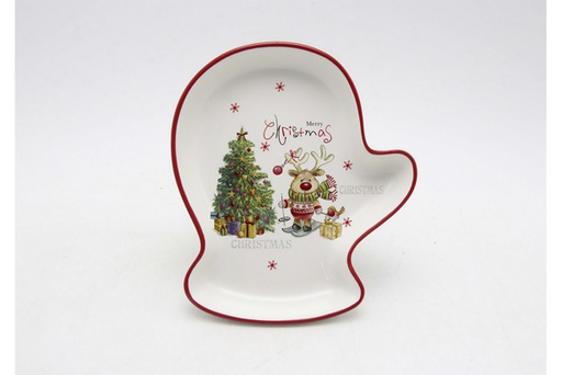 [120036] Christmas glove-shaped ceramic tray decorated with reindeer 20 cm