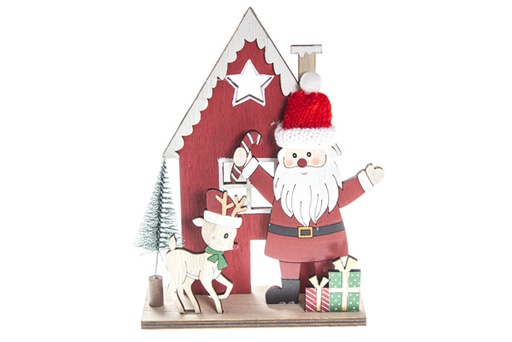 [120223] Figura madera Navidad Papa Noel con casa y reno