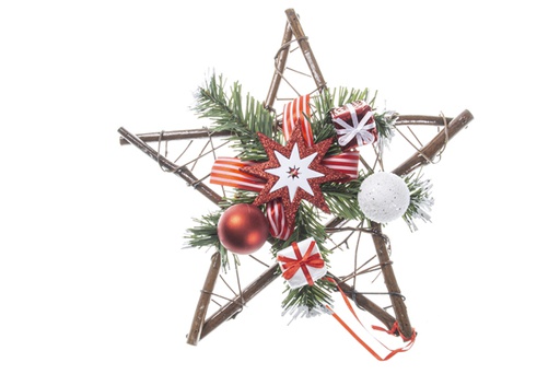 [120270] Étoile de Noël en bois décorée avec nœud et étoile filante rouge/blanc 30 cm