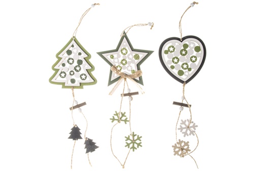 [120290] Pendentif en bois sapin/cœur/étoile de Noël vert assorti