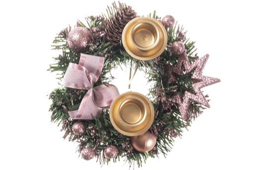 [120291] Bougeoir de Noël couronne décorée rose 20 cm