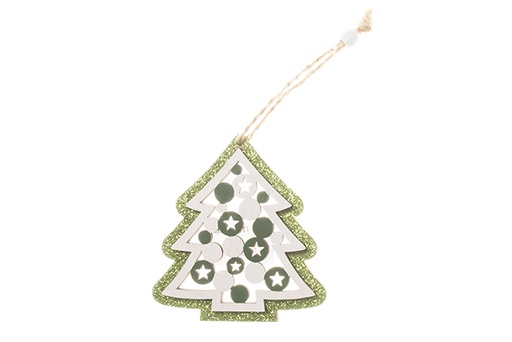 [120302] Pendentif en bois sapin de Noël décoré vert
