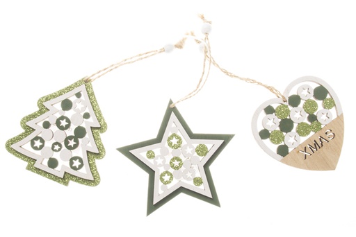 [120302] Pendentif en bois sapin/cœur/étoile de Noël vert assorti