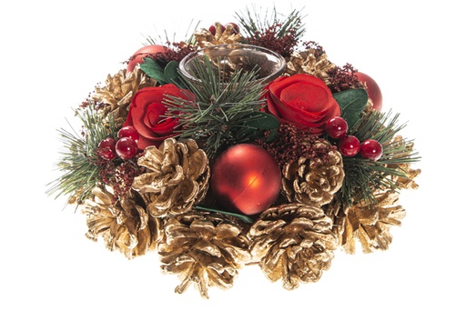 [120408] Candle holder decorated with golden balls and pine cones 21 cm