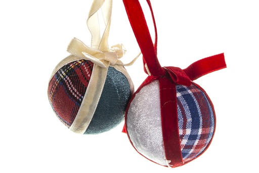 [120444] Blue plaid Christmas ball with assorted pom pom 60 mm