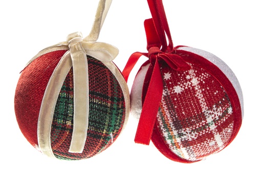 [120447] Red and green checked Christmas ball with assorted pom pom 80 mm