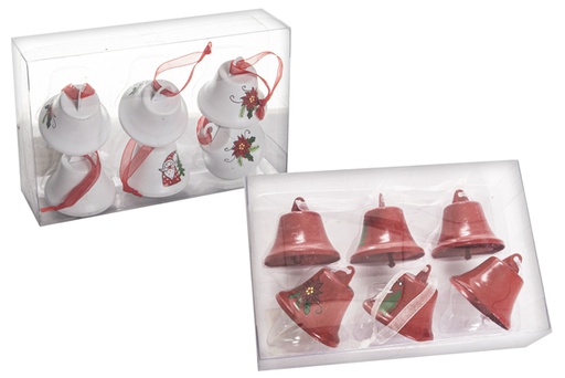 [120459] Pack 6 cloches métal blanc/rouge assorties 4 cm