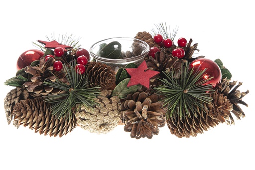 [120460] Christmas glass candle holder with berry pine cones 27 cm