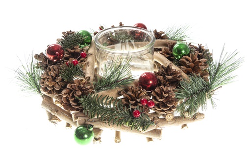 [120500] Wooden candle holder with pine cones and Christmas balls 30 cm