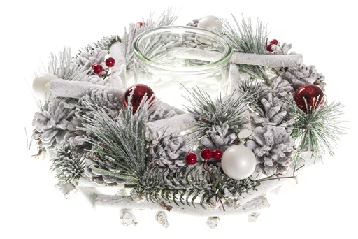 [120501] White wooden candle holder with pine cones and Christmas balls 30 cm