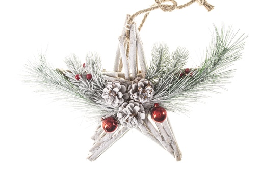 [120502] Snowy wooden star pendant decorated with pine and pine cones 30 cm