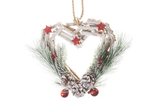 [120503] Pingente de madeira com coração de neve decorado com pinhas e pinhas 25 cm