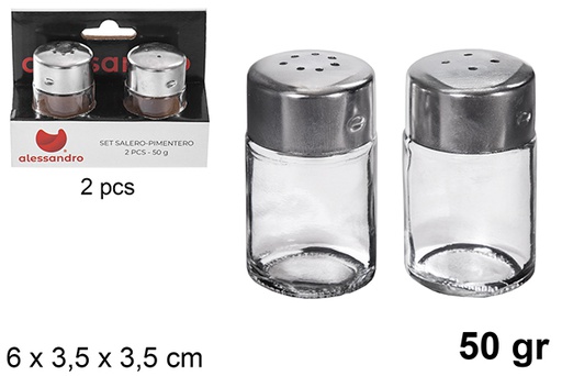 [120893] Pack 2 glass salt-pepper shakers with steel lid 50 gr.