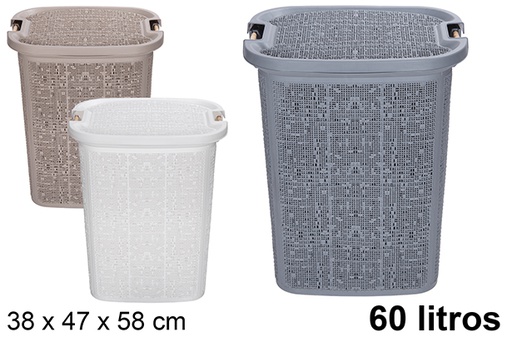 [120927] Panier à linge en plastique gris avec poignées en bois 60 l.