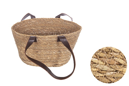 [121118] Small seagrass basket with long leather handle