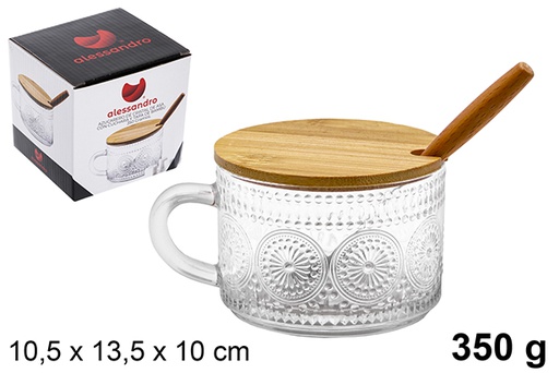 [121278] Sucrier en cristal avec anse avec couvercle en bambou et cuillère 350 gr.