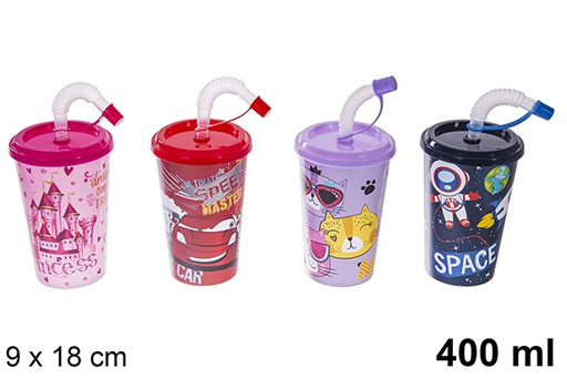 [121315] Plastic cup with lid and decorated straw 400 ml