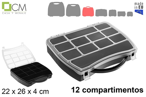 [121399] Boîte de rangement en plastique noir avec 12 compartiments