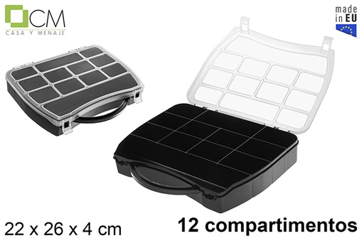 [121399] Boîte de rangement en plastique noir avec 12 compartiments