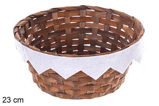 [121445] Round brown bamboo planter with white fringe 23 cm