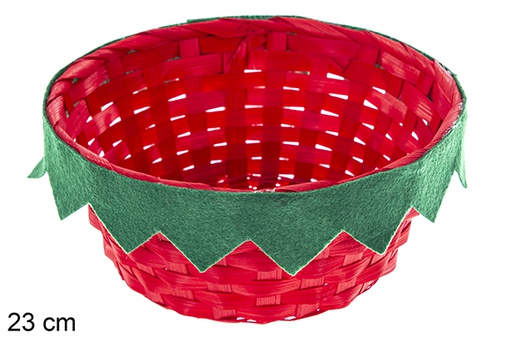 [121446] Round red bamboo planter with green fringe 23 cm