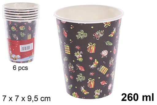 [121493] Pack 6 gobelets en papier décorés de Noël 260 ml