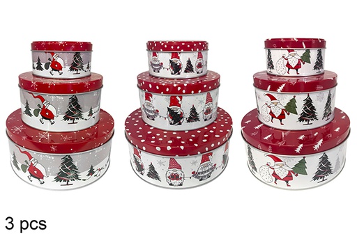 [121762] Pack 3 caixas redondas de metal decoradas de Natal sortidas