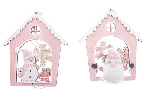 [122224] Hanging pink wooden house for Christmas decoration 15 cm