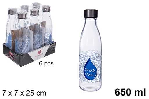 [122384] Gourde en verre transparent décorée Drink H2O 650 ml
