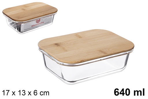 [122509] Rectangular borosilicate lunch box with airtight bamboo lid 640 ml