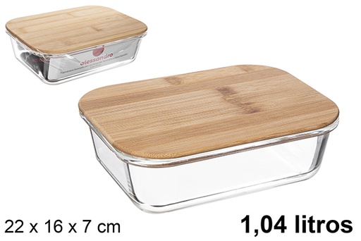 [122510] Rectangular borosilicate lunch box with airtight bamboo lid 1,04 liters