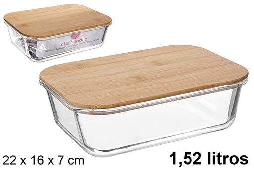 [122511] Rectangular borosilicate lunch box with airtight bamboo lid 1,52 liters
